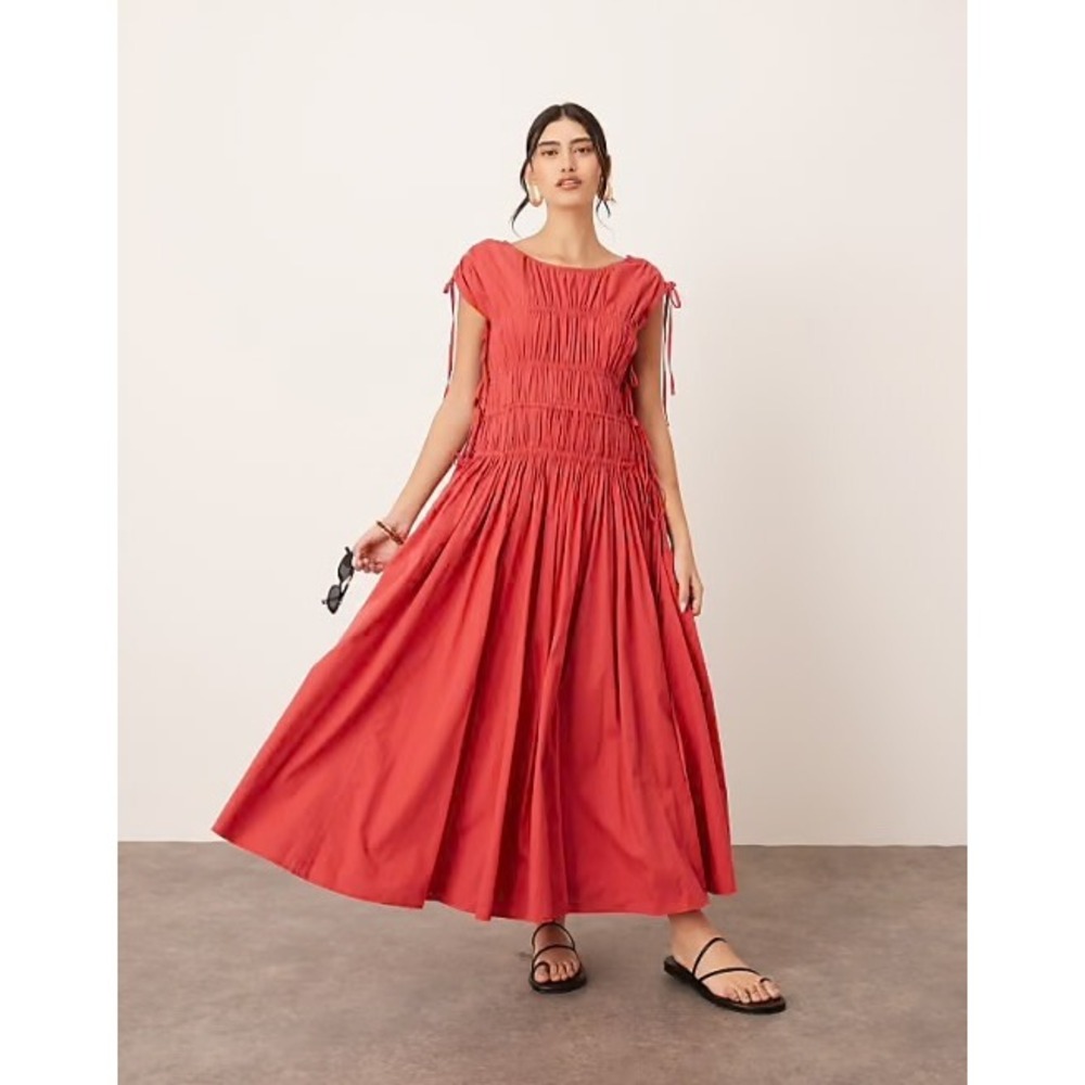 Arrange red cotton dress drawstring low back boho natural fibers artsy lux party